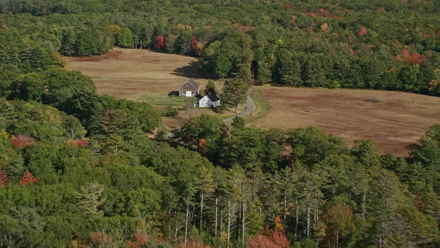 Aerial view of a small house in the forest next to the coast