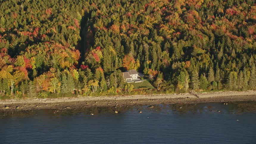 A single home is on the shore by the forest