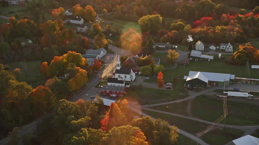 Aerial view of a church in a small town at evening