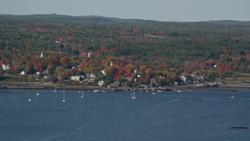 Sailboats next to a small coastal town