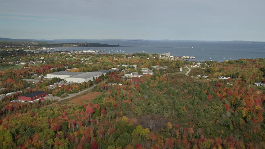 Aerial view of a coastal town encircled by autumn forest nearing the ocean