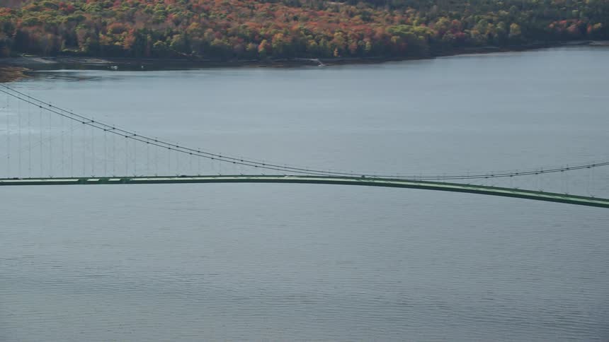 Aerial view of a suspension bridge over a river