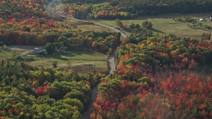 A region with forests changing the color of their leaves and a highway passing through the middle