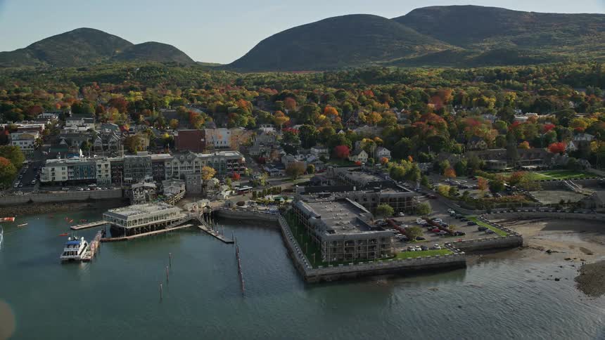 Coastal city skyline surrounded by forest and mountains
