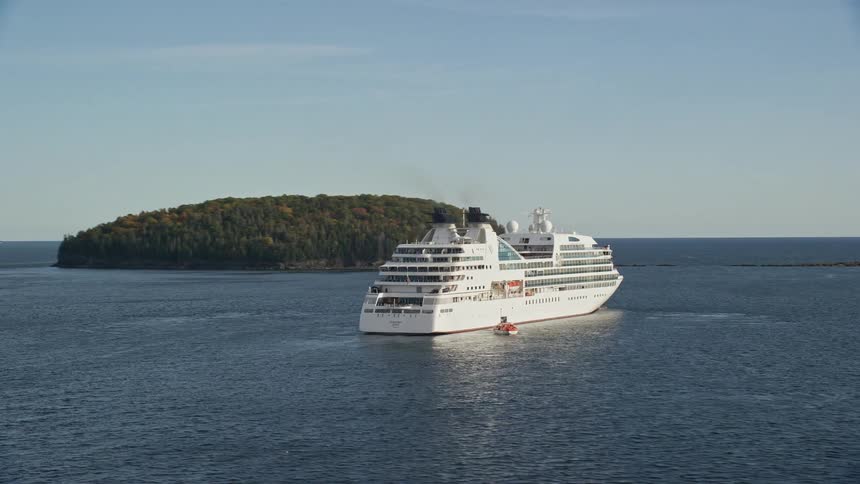 Aerial view of a cruise ship sailing across water