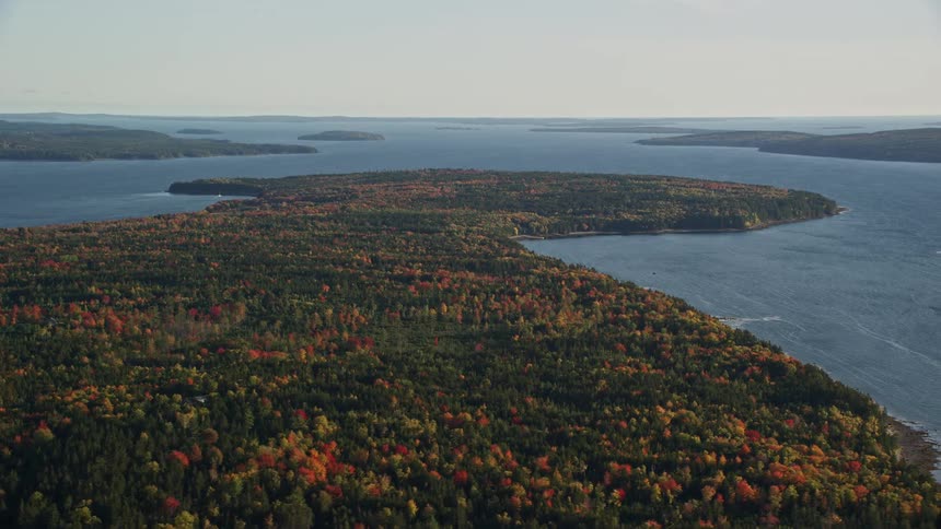 Fallcolored trees on a large island surrounded by water at dusk or dawn