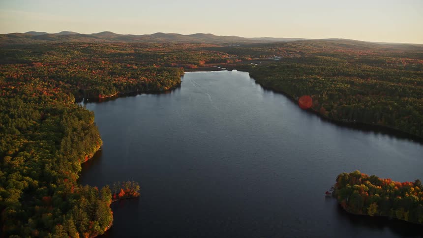 Aerial view of a central lake surrounded by a forest