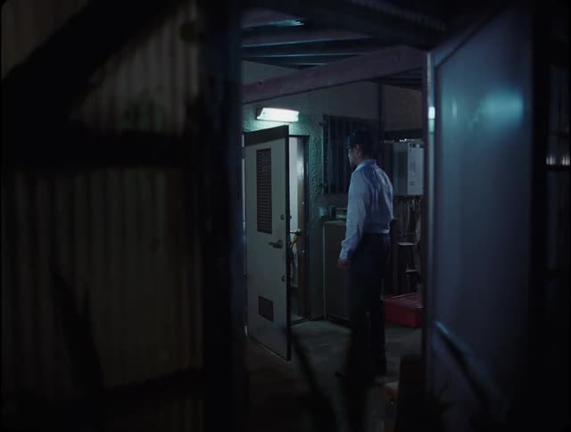 View of a wet man looking inside a house from outside the door during the night