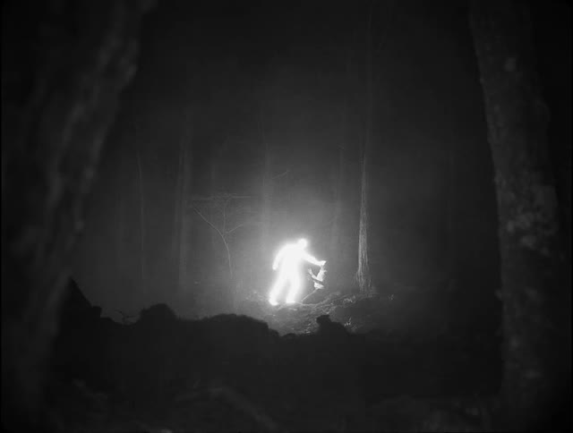Glowing figure touches head of person kneeling in foggy forest at night