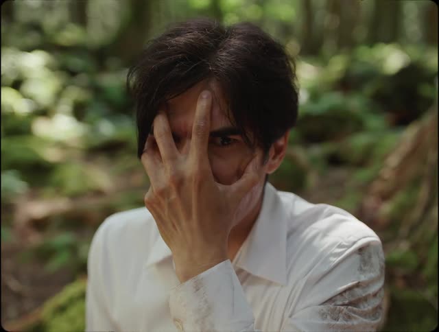Man with his hand on his face looking scared in the middle of a forest