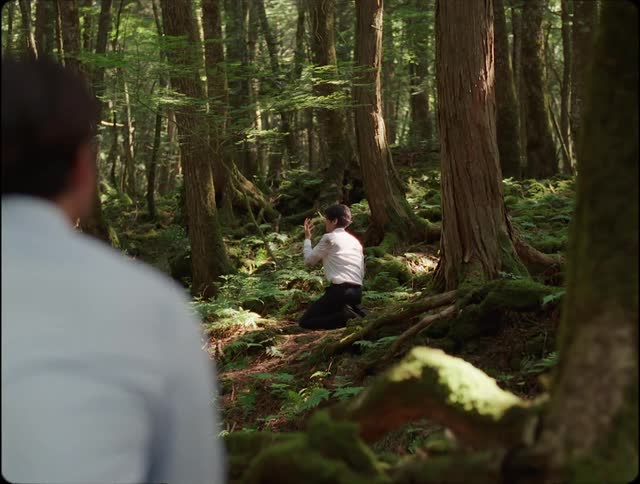 Two people stand frozen in a forest at daytime