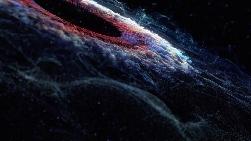 Gaseous threads flow across dark background from colored ring surrounding hole