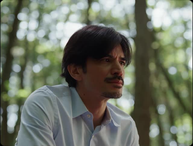 Man sits under trees thinking on sunny day