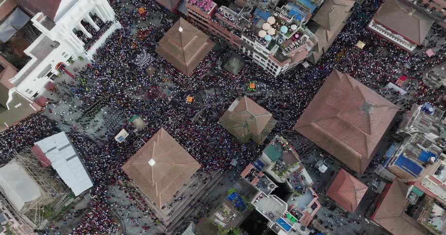 Aerial of the crowd in a large city