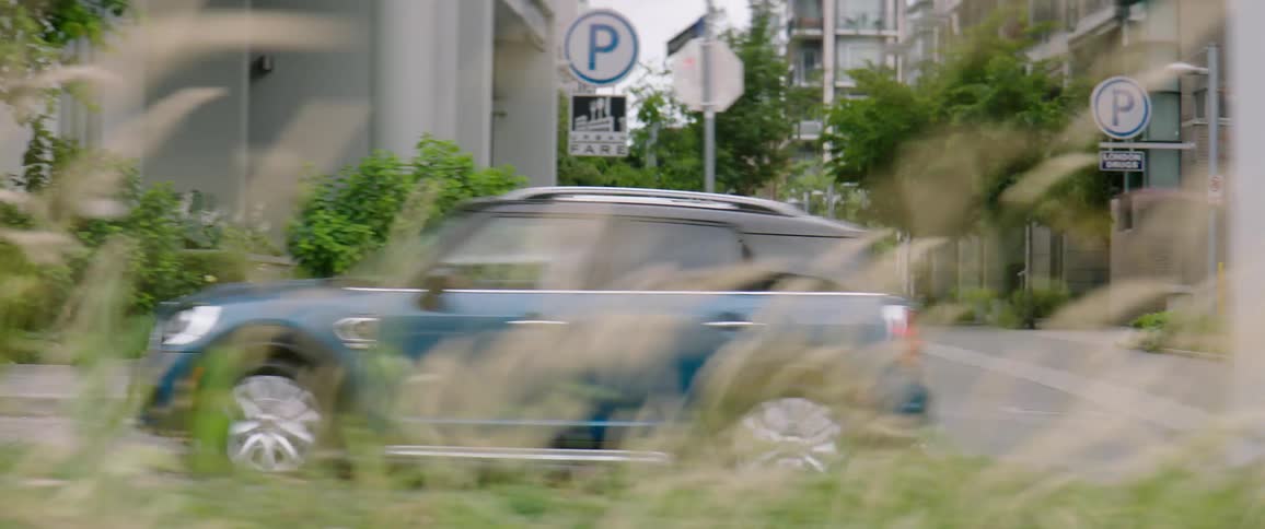 A car drives through the city