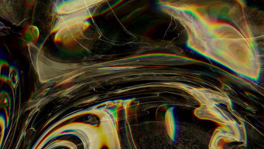 Swirling golden 3D light refractions on a glass background