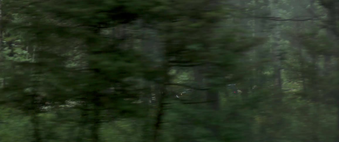 An suv driving out of the woods