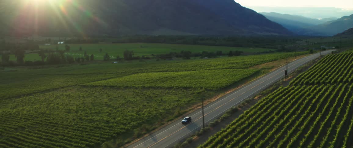 Aerial view of a car driving on a road through the fields