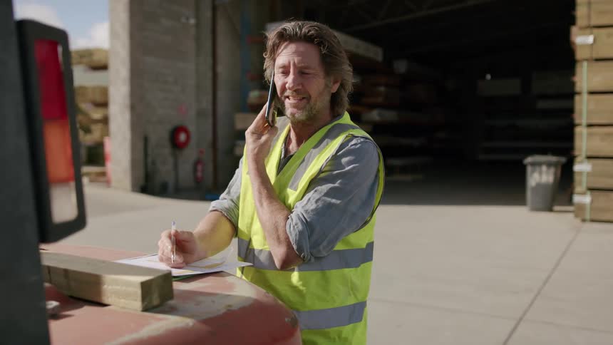 A man wearing a work vest talks on the phone outside