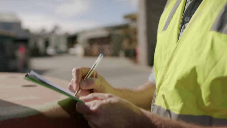 Man wearing safety vest outdoors writes on clipboard