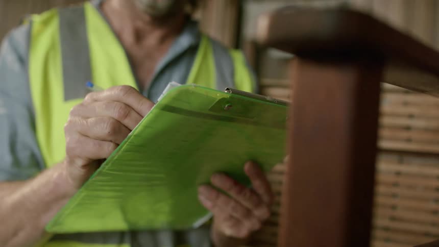 A man writing down the measurements of a piece of wood on a clipboard