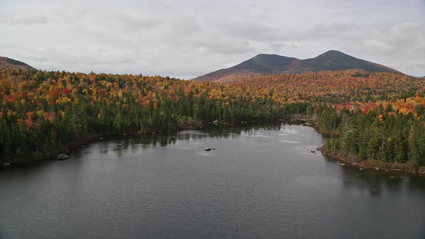 An aerial view of a landscape with a lake in the midst of a forest and in the background a mountain range