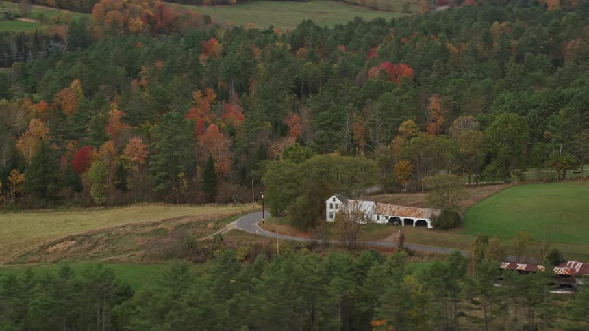 Aerial view of a secluded area with one house surrounded by forest