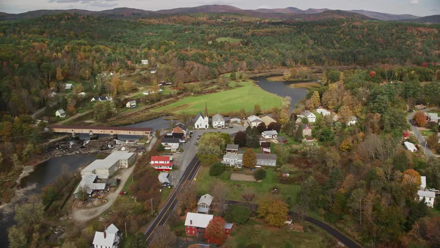 Aerial view of a suburb with a river surrounded by a forest