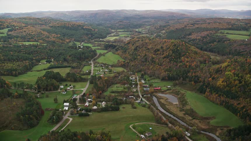 Aerial of trees and small houses in a rural area at midday
