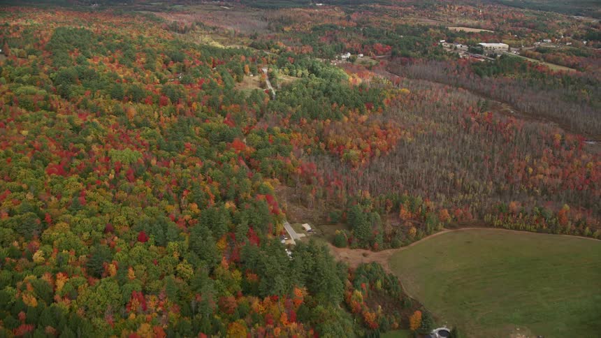 Aerial view of rural neighborhood and trees with fall colors