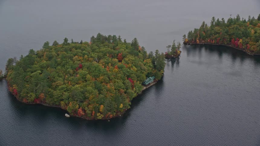 A small island with a forest of trees in the middle of a large lake