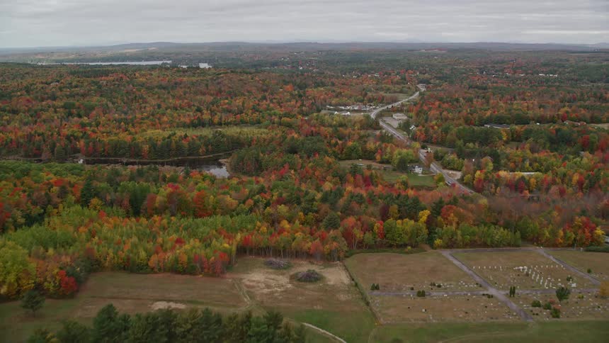 Aerial view fall landscape road through rural area