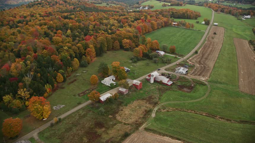 A rural area with a barn and a dirt road with a car passing by