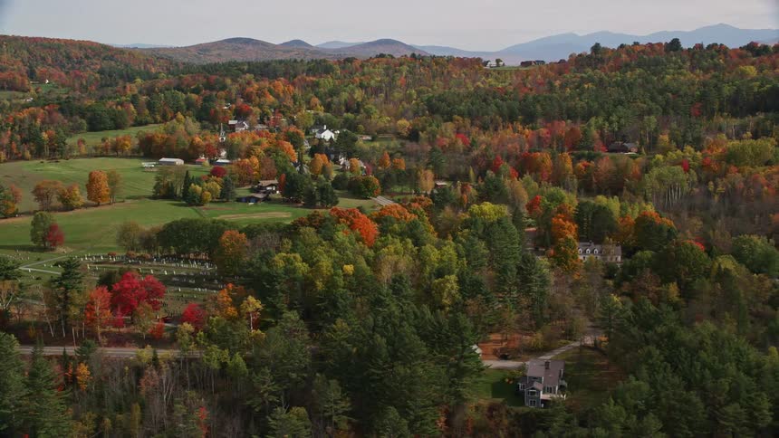 Aerial view of a houses surrounded by forests in the countryside