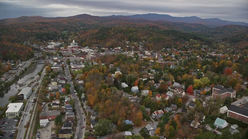 Aerial view of a capitol building on a rural town at evening