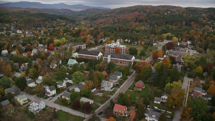 A residential area of a small town with many trees around