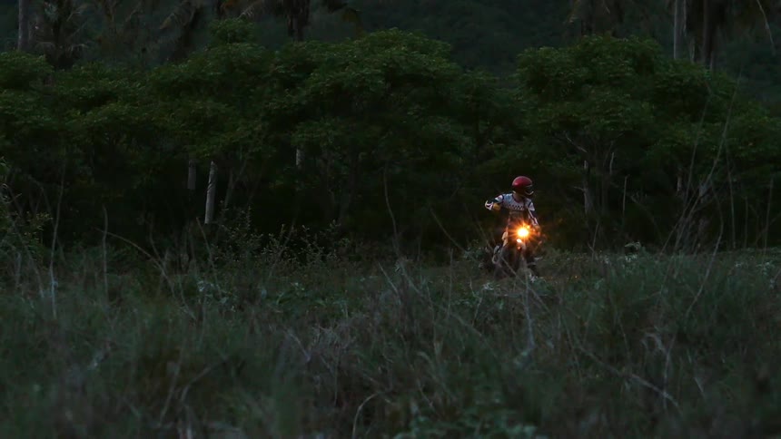 A man riding a dirt bike through tall grass in a forest area