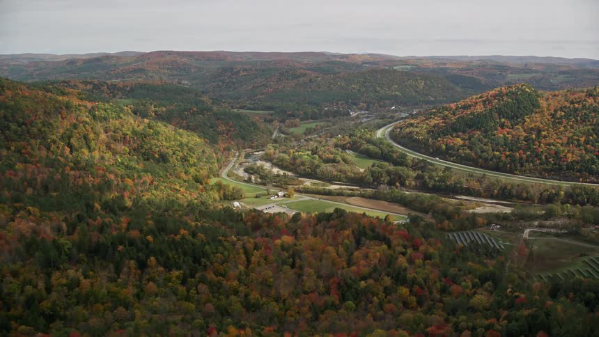 Aerial view of a bridge over a river and a highway in a forested area