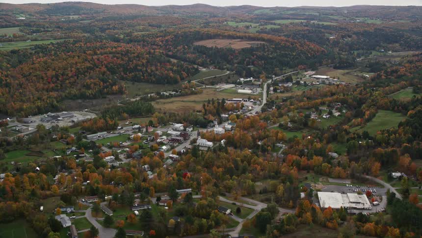Aerial of a small town in autumn on a cloudy day