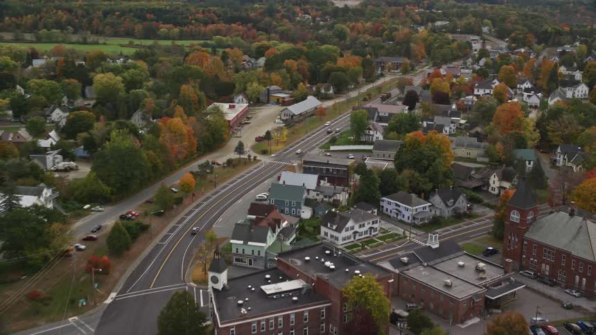 Aerial view of a small coastal town in the countryside
