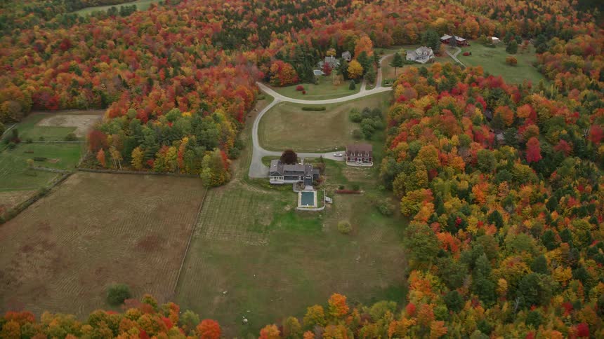 Aerial view of landscape in fall color and rural homes