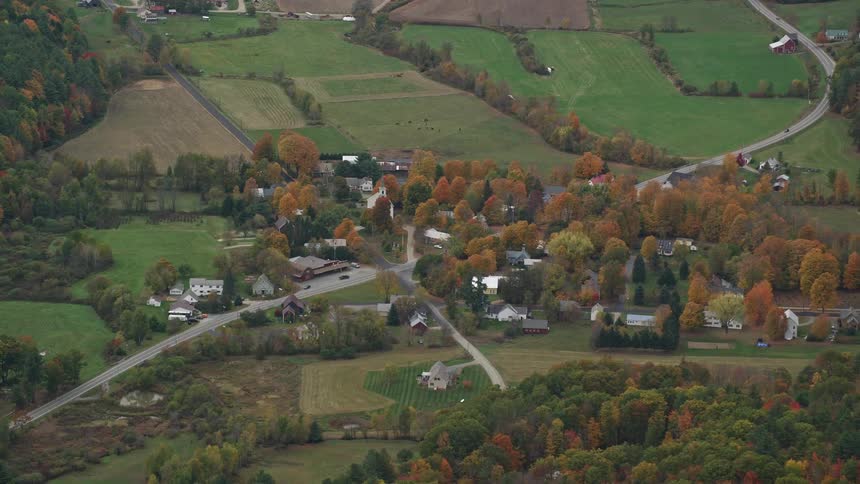 An aerial view of a small village amidst greenery and forests