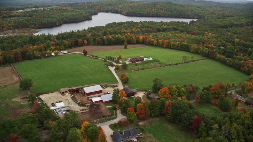 Aerial of farms connected by roads and bordered by woods near a lake during the fall