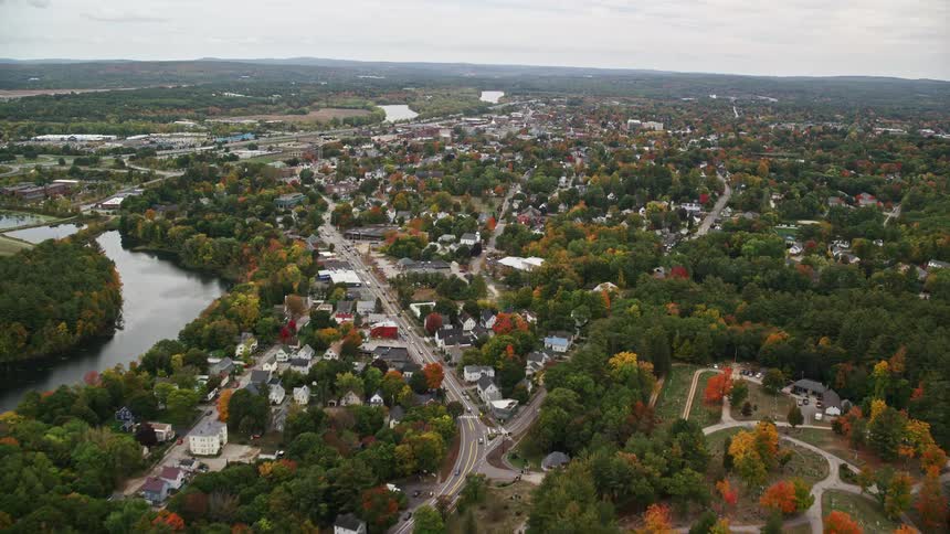 An aerial view of a city with many trees and vegetation among the houses