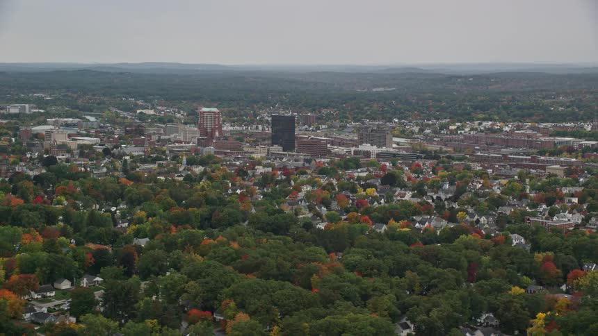 Aerial view of suburban small town in fall colors