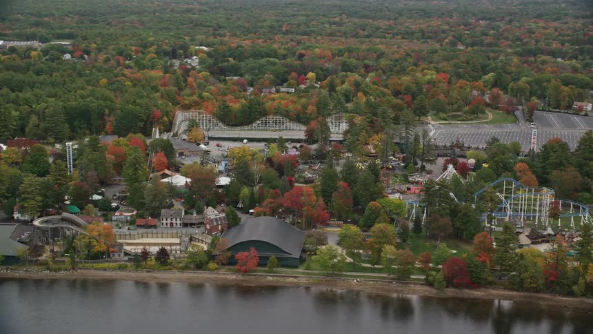 Aerial view of an amusement park by the lakeside