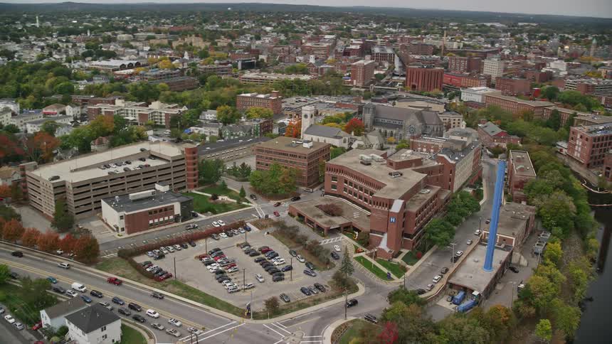 Aerial view of saints medical center and a parking lot
