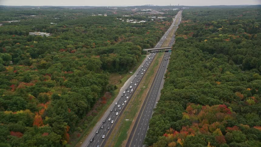 An aerial view of cars driving on highways through an autumn forest showcases the beautiful seasonal scenery
