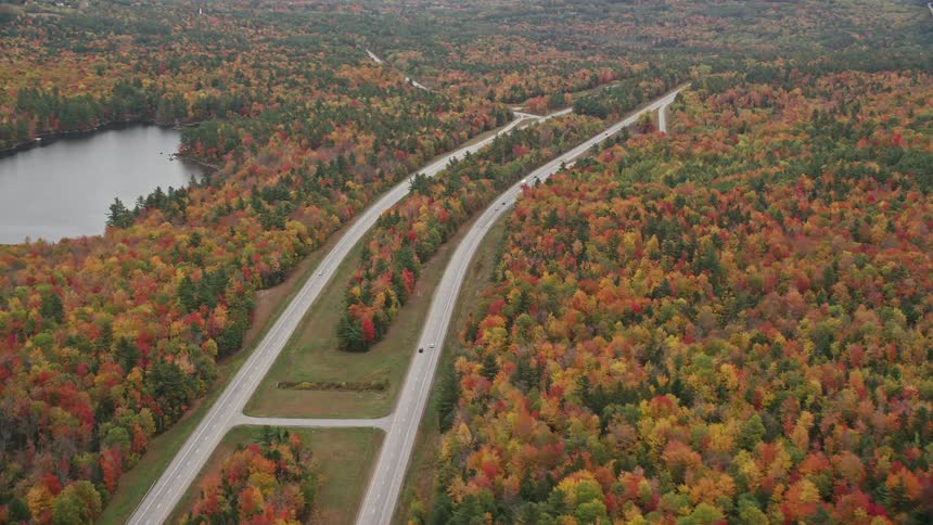 Aerial view of fall landscape pond and road with vehicles