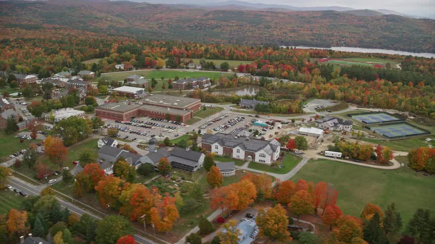 A region with some houses amidst several trees